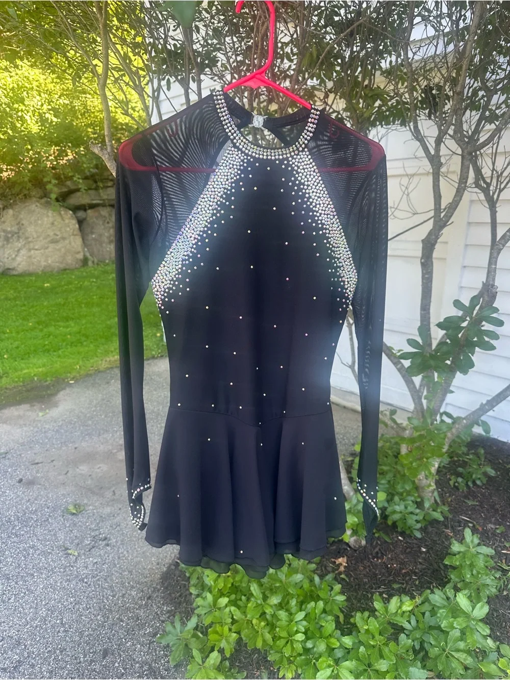 Black Girls' Long-Sleeve Rhinestone One-Piece Skating Dress or Dance Dress.